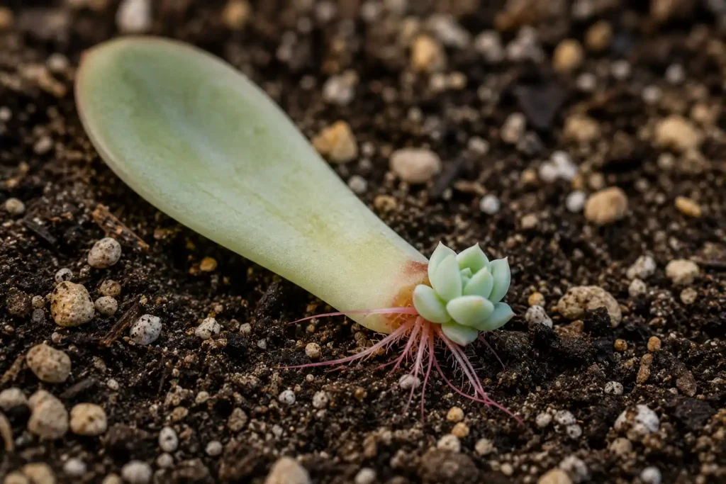folha de echeveria com raízes e nova roseta