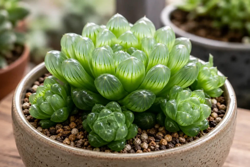 suculenta de vidro Haworthia cooperi com brotações laterais