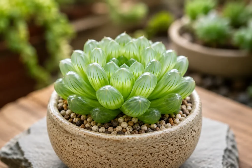 suculenta de vidro Haworthia cooperi com folhas translúcidas