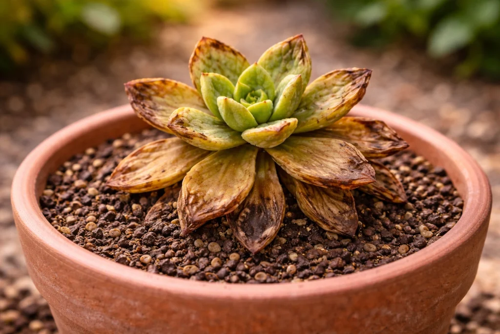 suculenta com folhas ressecadas