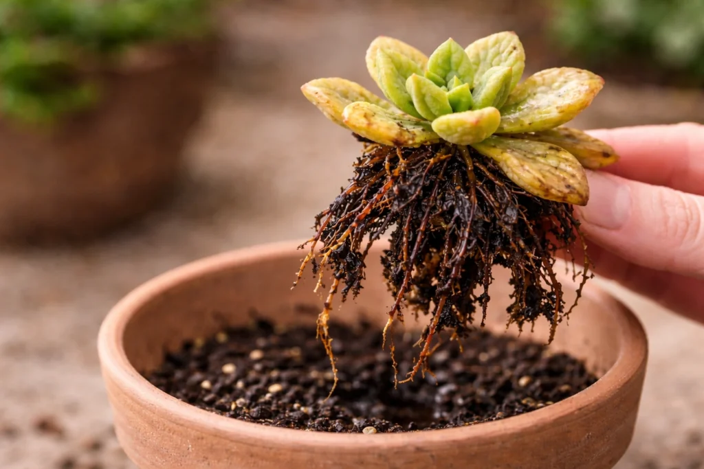suculenta com raiz podre